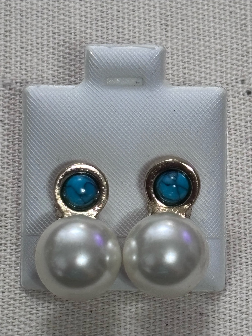 Pearl Drop Stud Earrings with Turquoise Accent - White & Blue